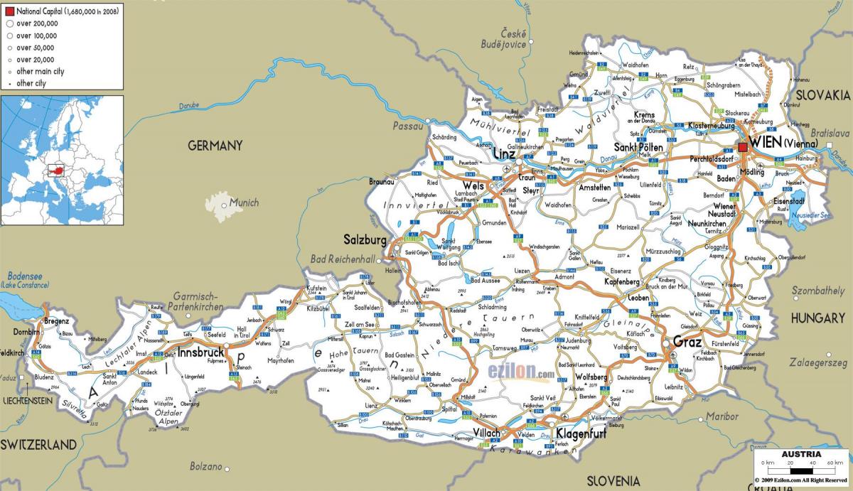 szczegółowa mapa Austrii z miastami