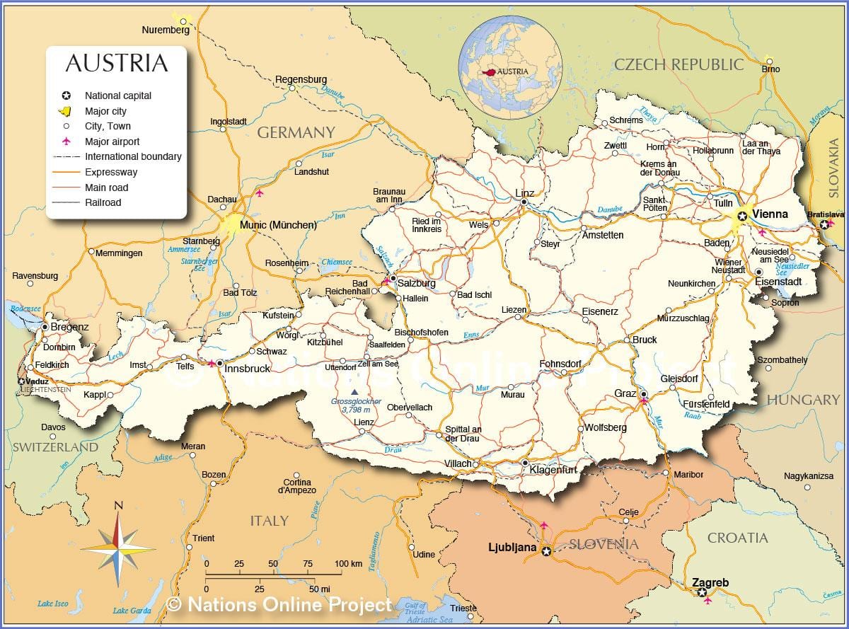 mapa Austrii z miastami i gminami