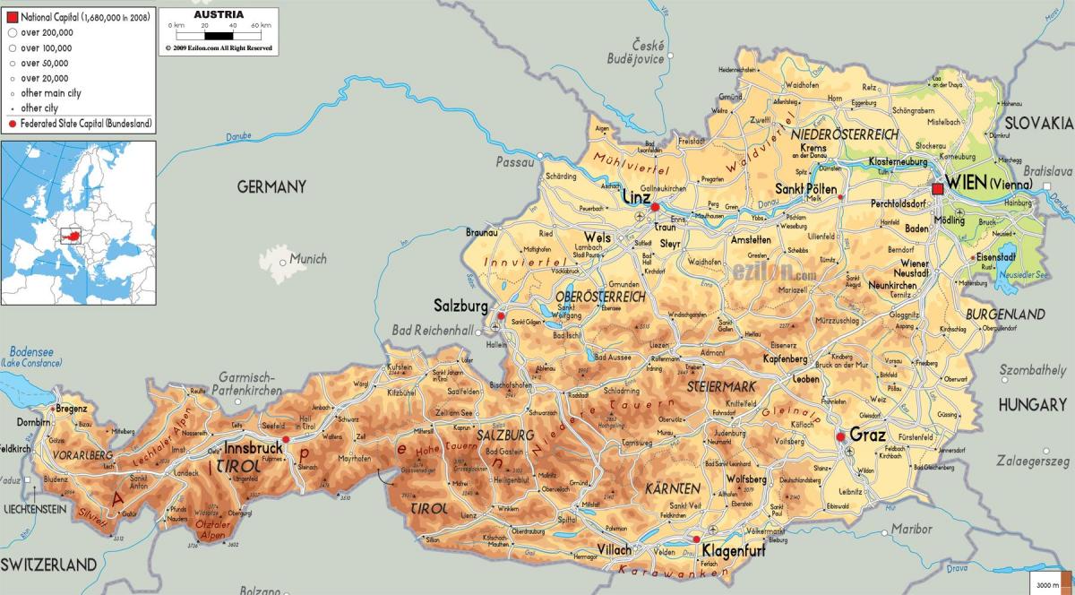 mapa fizyczna mapa Austrii