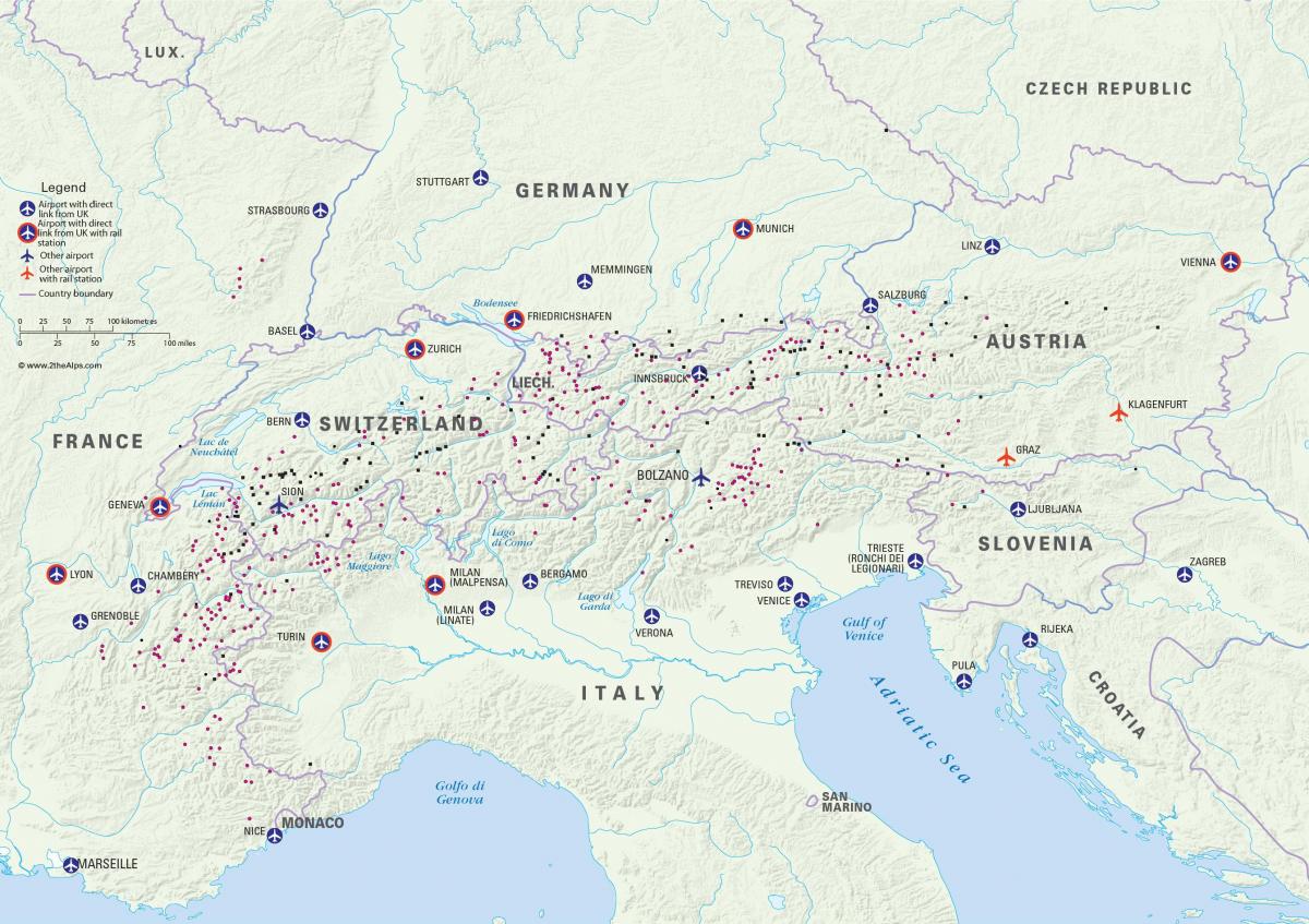 mapa Austrii ośrodki narciarskie, lotniska