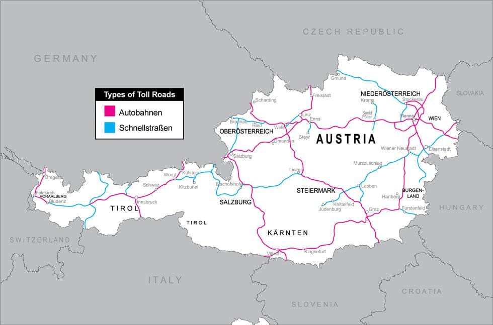 płatne drogi w Austrii na mapie