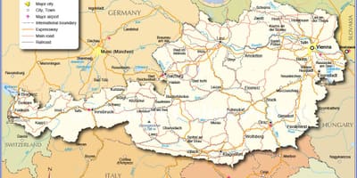 Mapa Austrii z miastami i gminami
